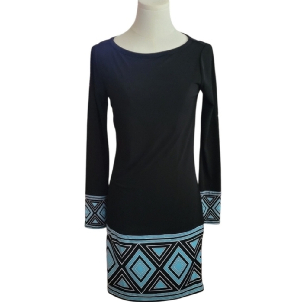 Michael Kors Long Sleeve Black Blue Contemporary Diamond Pattern Dress Size XS